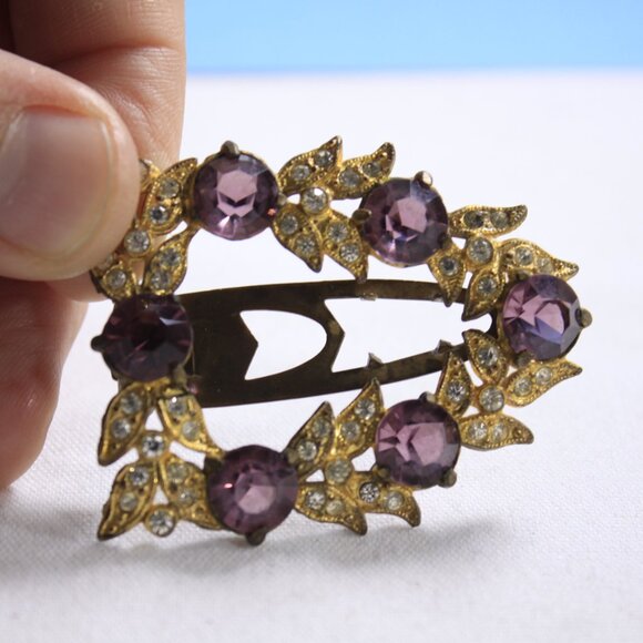 Antique dress clip gold tone laurel branches purple stones - Picture 8 of 9